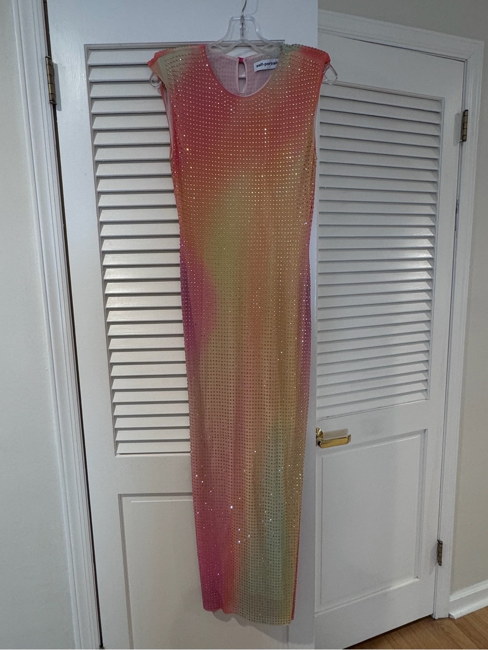 Self Portrait multicolor printed mesh rhinestone midi dress